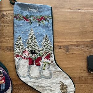 Holiday Snowman needlepoint Christmas Stocking. Daniel.